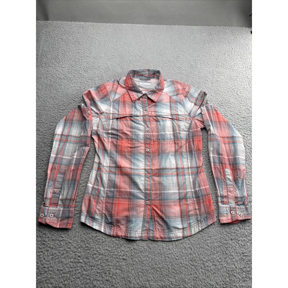 Columbia PFG Shirt Womens Medium Coral Plaid Excellent Omni-Shade Hiking Fishing
